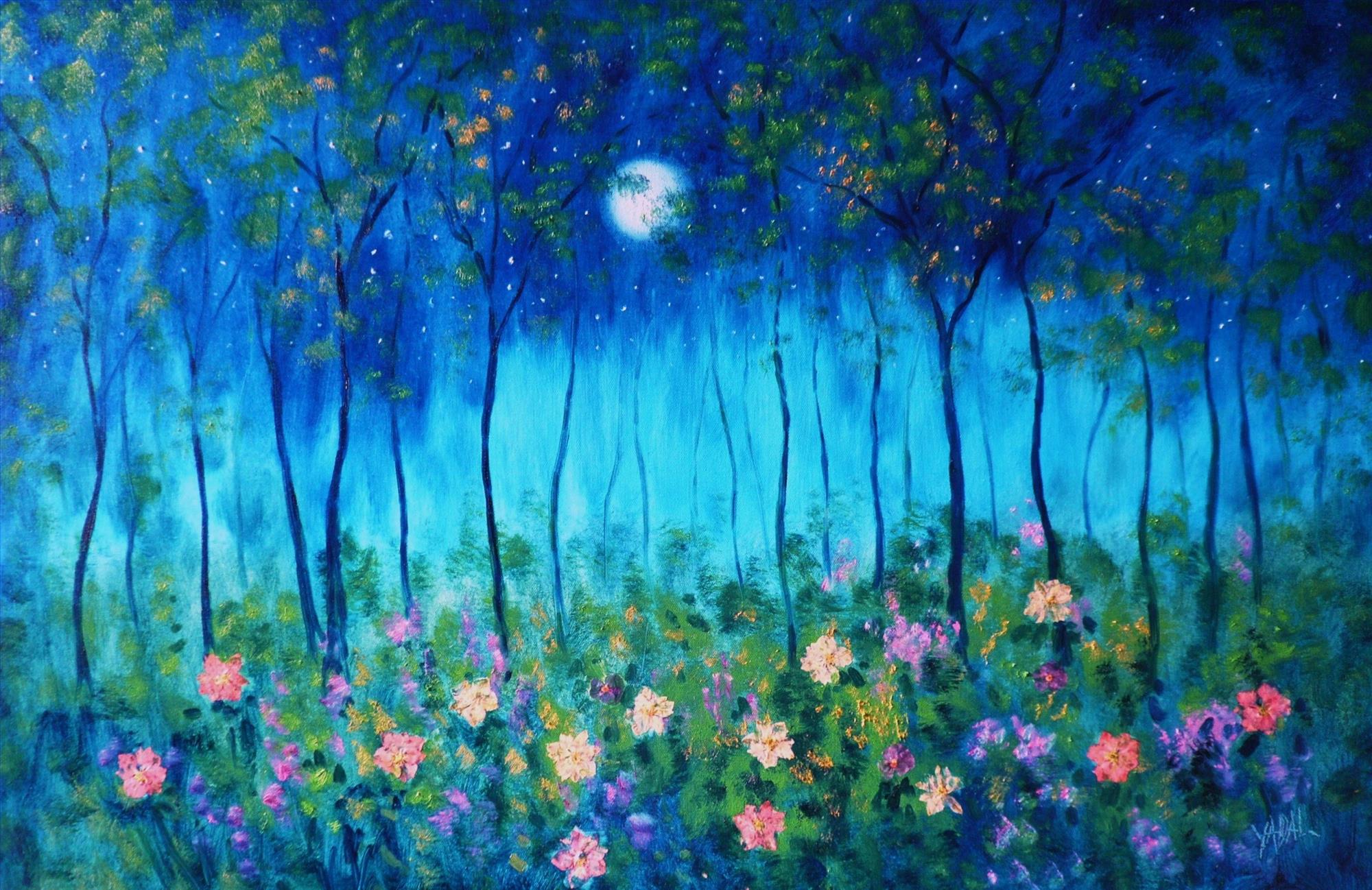 lune bleu bois fleurs décor de jardin paysage art mural nature paysage texture Peintures à l'huile